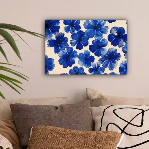 Bloemen - Blauw -Patroon - Wit canvas 2cm klein -sfeer1