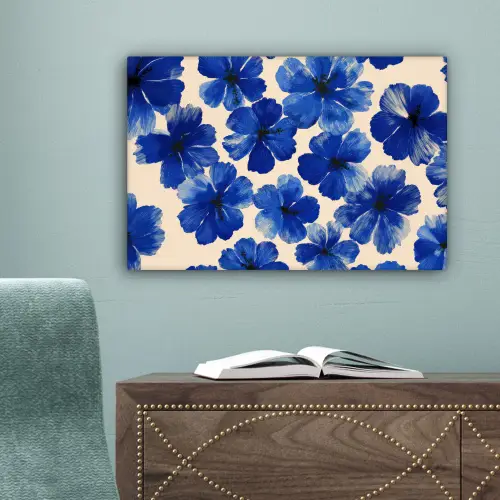 Bloemen - Blauw -Patroon - Wit canvas 2cm klein -sfeer4
