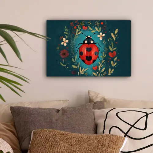 Bloemen - Lieveheersbeestje - Hartje - Rood canvas 2cm klein -sfeer1