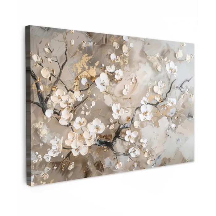Bloemen - Wit - Goud - Beige - Luxe canvas 2cm klein -z3d