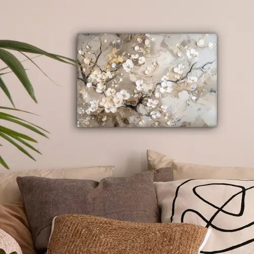 Bloemen - Wit - Goud - Beige - Luxe canvas 2cm klein -sfeer1