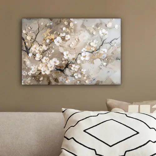 Bloemen - Wit - Goud - Beige - Luxe canvas 2cm klein -sfeer3
