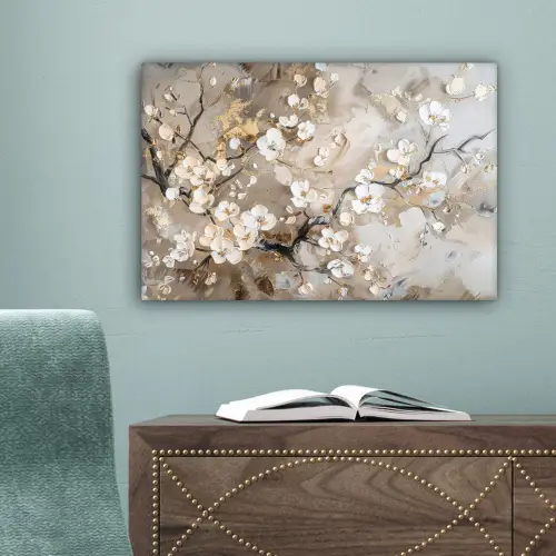 Bloemen - Wit - Goud - Beige - Luxe canvas 2cm klein -sfeer4