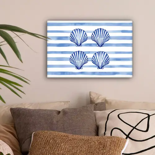 Vier schelpen - Blauw - Wit - Strepen canvas 2cm klein -sfeer1