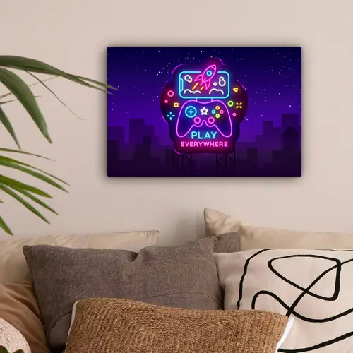 Gaming - Neon - Play - Blauw - Nacht - Controller canvas 2cm klein -sfeer1