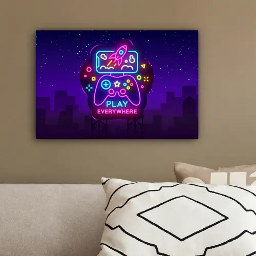 Gaming - Neon - Play - Blauw - Nacht - Controller canvas 2cm klein -sfeer3