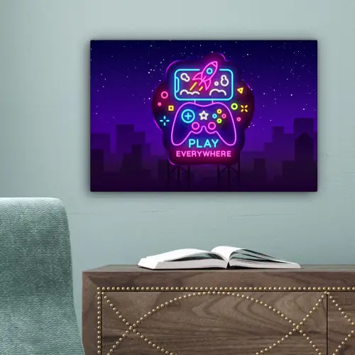 Gaming - Neon - Play - Blauw - Nacht - Controller canvas 2cm klein -sfeer4