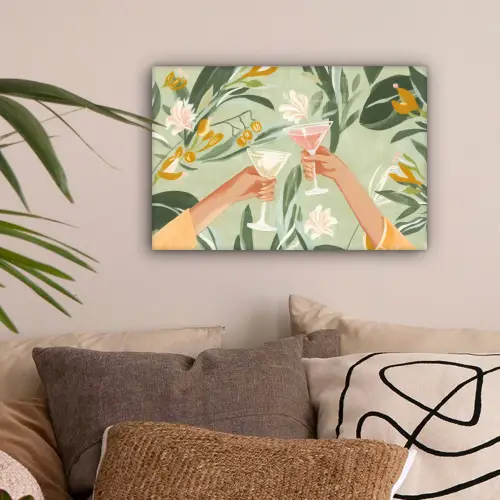 Glazen - Proosten - Bladeren - Groen canvas 2cm klein -sfeer1