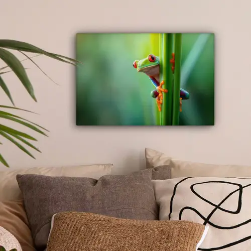 Groene kikker - Nieuwsgierig - Gras canvas 2cm klein -sfeer1