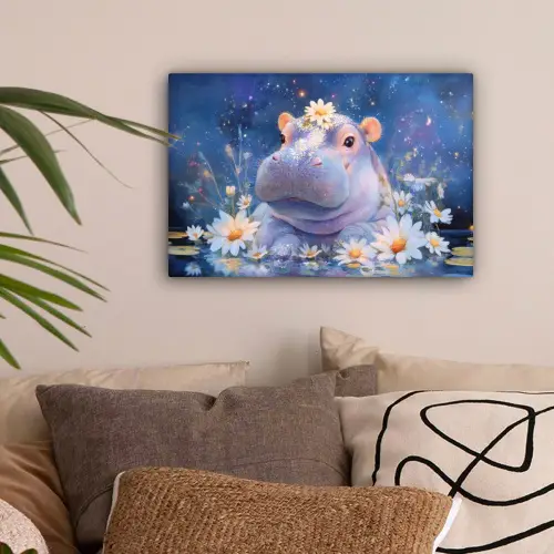 Nijlpaard - Madeliefjes - Sterrenhemel canvas 2cm klein -sfeer1
