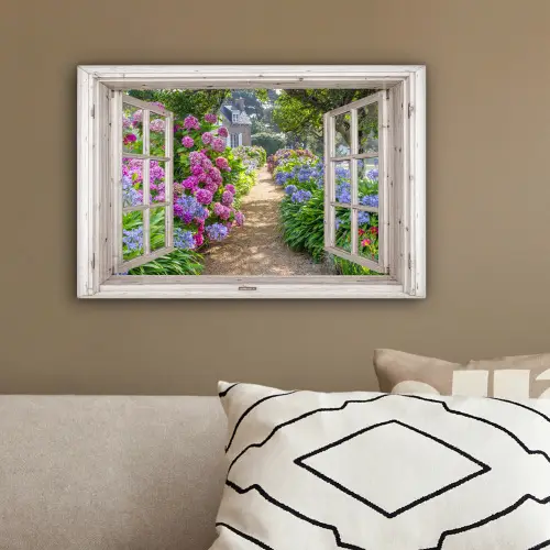 Hortensia - Doorkijk - Bloemen - Zomer - Paars - Pad canvas 2cm klein -sfeer3