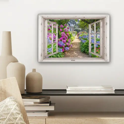 Hortensia - Doorkijk - Bloemen - Zomer - Paars - Pad canvas 2cm klein -sfeer6