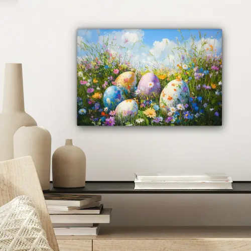 Grasveld - Eieren - Bloemen canvas 2cm klein -sfeer6