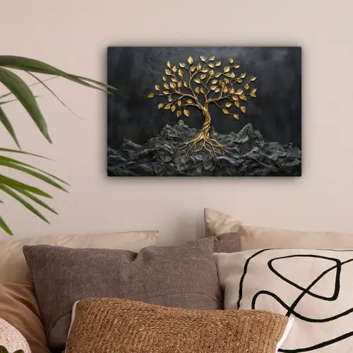 Bladeren - Goud - Boom - Rots canvas 2cm klein -sfeer1