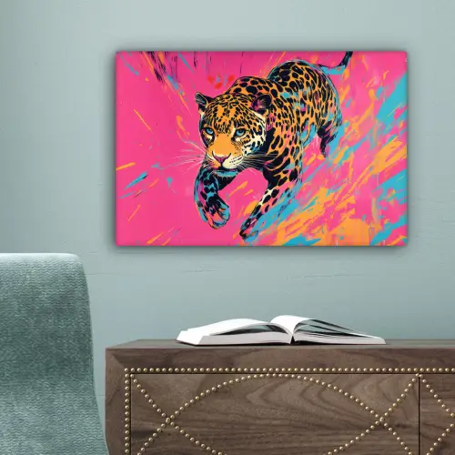 Luipaard - Roze - Oranje - Blauw - Verf canvas 2cm klein -sfeer4