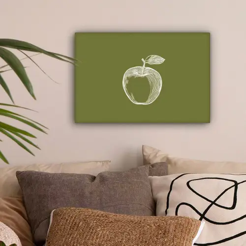 Lijntekening - Appel - Olijfgroen - Blaadje canvas 2cm klein -sfeer1