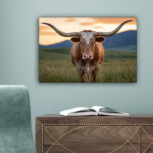 Longhorn - Landschap - Zonsondergang canvas 2cm klein -sfeer4
