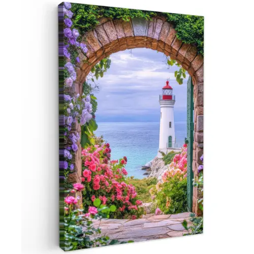 Doorkijk - Vuurtoren - Bloemen - Uitzicht canvas 2cm klein -z3d