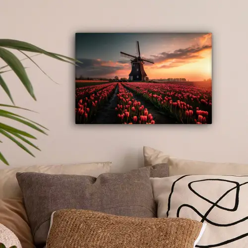 Molen - Zonsondergang - Tulpen - Rood canvas 2cm klein -sfeer1