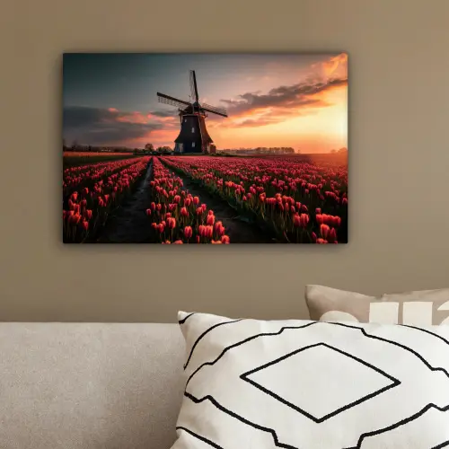 Molen - Zonsondergang - Tulpen - Rood canvas 2cm klein -sfeer3