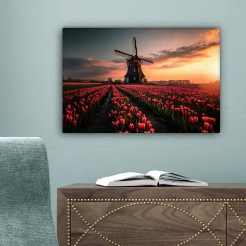 Molen - Zonsondergang - Tulpen - Rood canvas 2cm klein -sfeer4