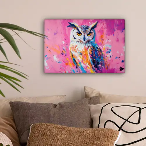 Uil - Roze - Blauw - Verf - Abstract canvas 2cm klein -sfeer1