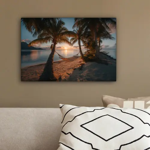 Palmbomen - Hangmat - Strand - Zonsondergang canvas 2cm klein -sfeer3