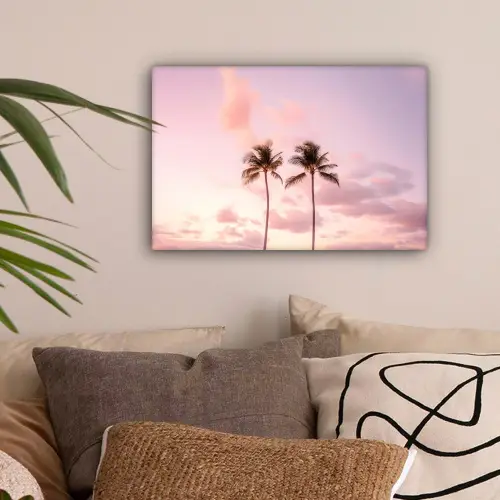 Palmbomen - Paars - Wolken - Lucht canvas 2cm klein -sfeer1