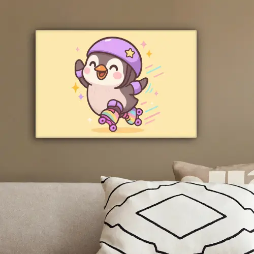 Pinguïn - Rolschaatsen - Geel - Energiek canvas 2cm klein -sfeer3