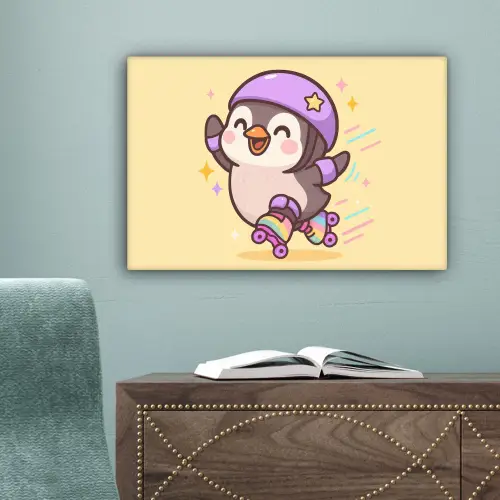 Pinguïn - Rolschaatsen - Geel - Energiek canvas 2cm klein -sfeer4