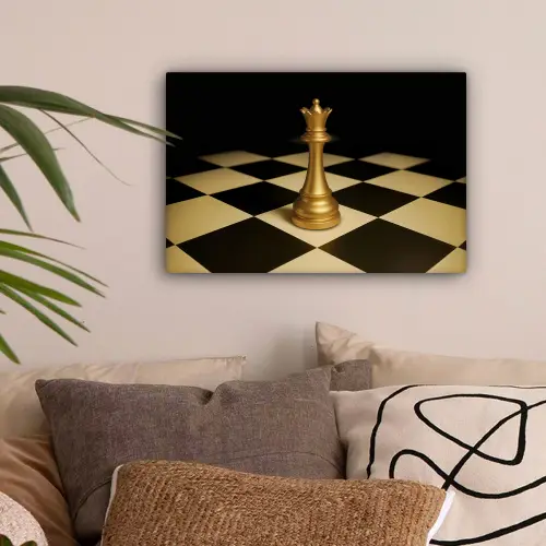 Koningin - Schaakstuk - Geblokt - Goud canvas 2cm klein -sfeer1