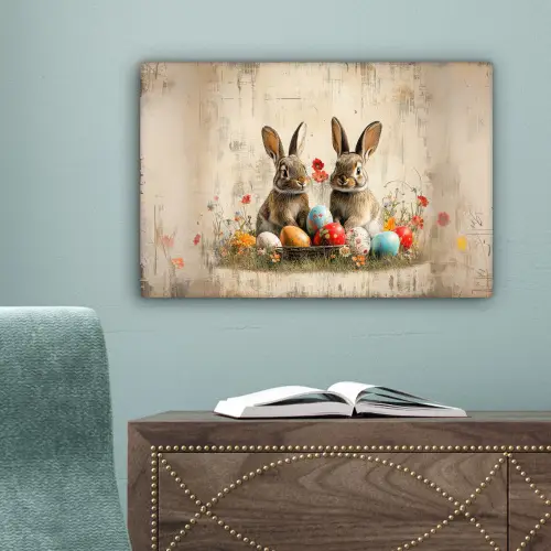 Konijnen - Bloemen - Eieren canvas 2cm klein -sfeer4