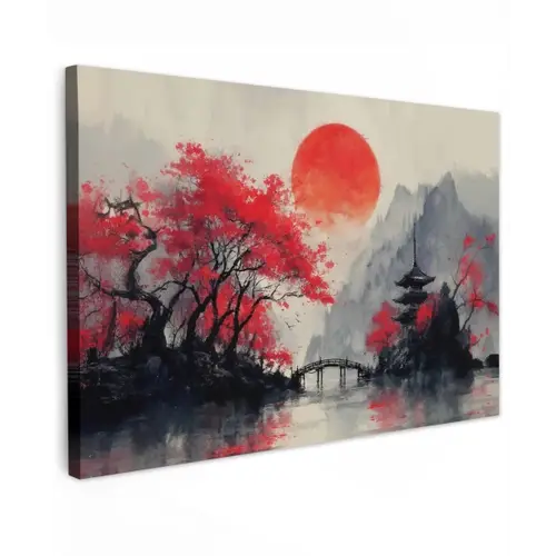 Rode zon - Rivier - brug - Bomen canvas 2cm klein -z3d
