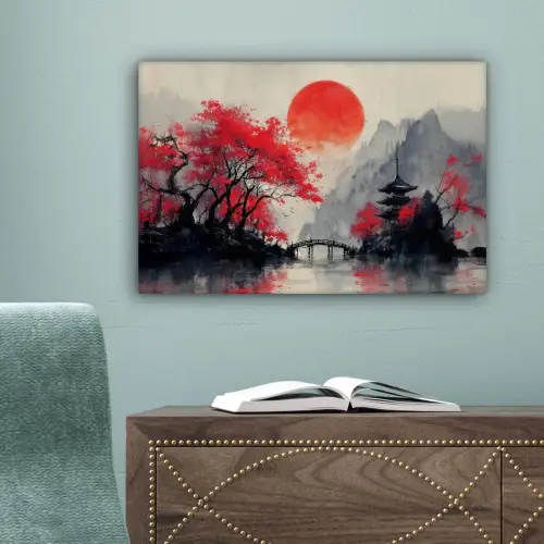 Rode zon - Rivier - brug - Bomen canvas 2cm klein -sfeer4