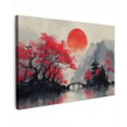 Rode zon - Rivier - brug - Bomen canvas 2cm klein -z3d