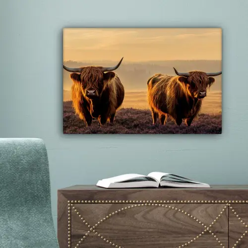 Schotse hooglanders - Heide - Landschap - Dieren canvas 2cm klein -sfeer4