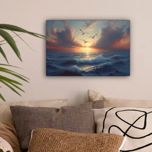 Meeuwen - Zonsondergang - Zee - Wolken canvas 2cm klein -sfeer1