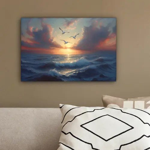 Meeuwen - Zonsondergang - Zee - Wolken canvas 2cm klein -sfeer3