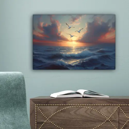 Meeuwen - Zonsondergang - Zee - Wolken canvas 2cm klein -sfeer4