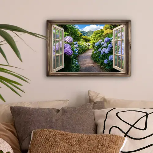 Doorkijk - Hortensia - Pad - Natuur canvas 2cm klein -sfeer1
