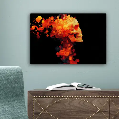 Schedel - Oranje - Zijaanzicht - Vlammen canvas 2cm klein -sfeer4