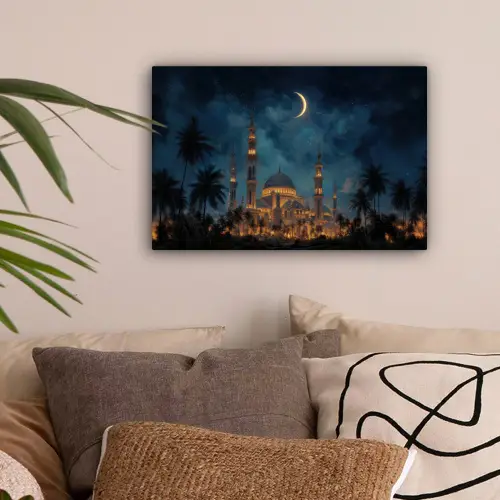 Sterrenhemel - Maan - Palmbomen - Moskee canvas 2cm klein -sfeer1