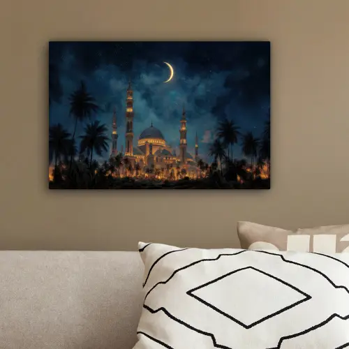 Sterrenhemel - Maan - Palmbomen - Moskee canvas 2cm klein -sfeer3
