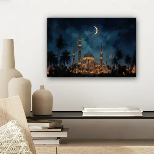 Sterrenhemel - Maan - Palmbomen - Moskee canvas 2cm klein -sfeer6