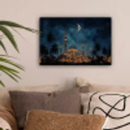 Sterrenhemel - Maan - Palmbomen - Moskee canvas 2cm klein -sfeer1