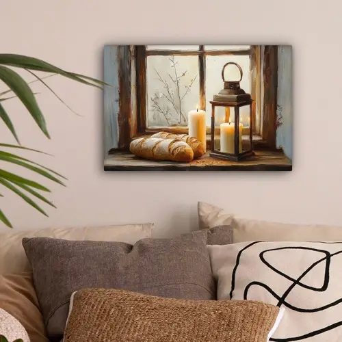 Stilleven - Rustiek - Kaarsen - Broden - Raam canvas 2cm klein -sfeer1