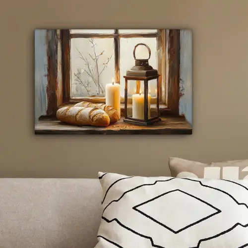 Stilleven - Rustiek - Kaarsen - Broden - Raam canvas 2cm klein -sfeer3