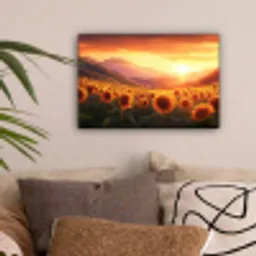 Zonnebloemen - Zonsondergang - Landschap canvas 2cm klein -sfeer1