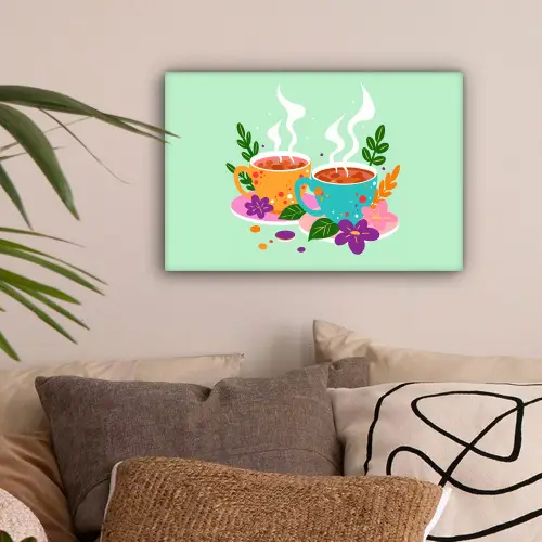Thee - Illustratie - Kopjes - Bloemen canvas 2cm klein -sfeer1