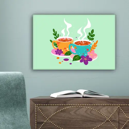 Thee - Illustratie - Kopjes - Bloemen canvas 2cm klein -sfeer4